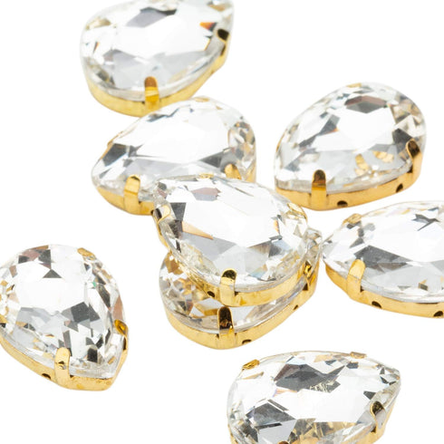 Choupee Sew On Rhinestone Tear Drop Crystal Rhinestones in Gold Setting 48 Pcs (White, 13 X 18 MM)...