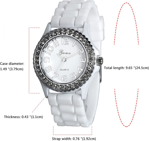Lancardo White Dial Silver Rhinestones Round Watch with Textured Resin Strap for Women Silica Gel Band Watch for Mother's Day...