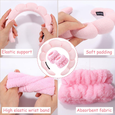 Spa Headband for Washing Face Wristband Sponge Makeup Skincare Headband Terry Cloth Bubble Soft Get Ready Hairband for Women Girl Puffy Padded Hea...