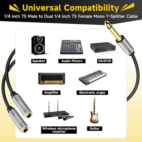 1/4 inch TS Mono Splitter Y Adapter, 6.35mm Mono Male to Dual 6.35 mm TS Mono Female Jack, Quarter inch Audio Speaker Splitter Converter Cable 1 F...