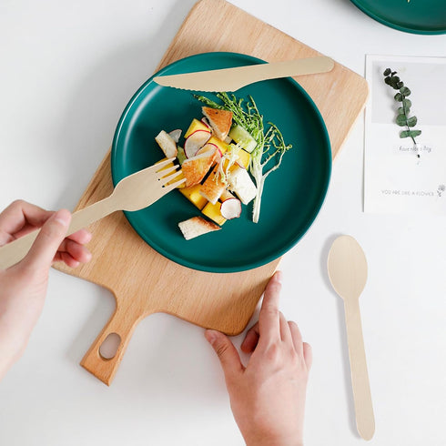 Disposable Wooden Forks 100Pcs, 6.5" Length Compostable Wood Cutlery Sharp Knife Utensils Eco-Friendly Flatware for Party Eating Cake Chocolate Se...