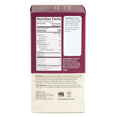 Teeccino Irish Cream Herbal Tea, Rich & Roasted Herbal Tea That’s Caffeine Free & Prebiotic for Natural Energy, 25 Tea Bags...