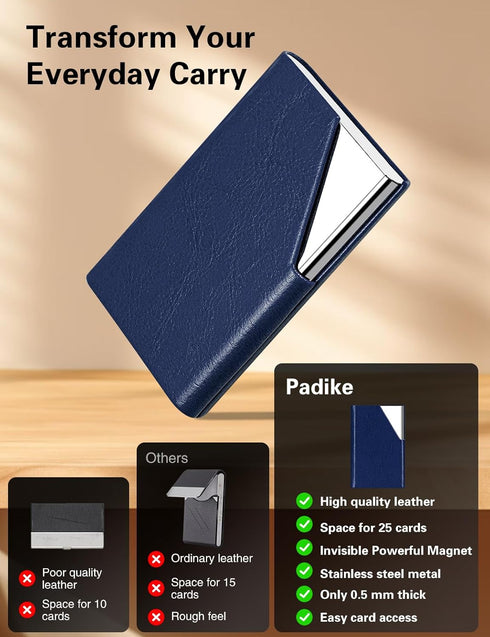 Padike Business Card Holder, Leather Business Card Case Pocket Card Holders for Men or Women, Metal Slim Name Card Holder RFID Blocking Business C...