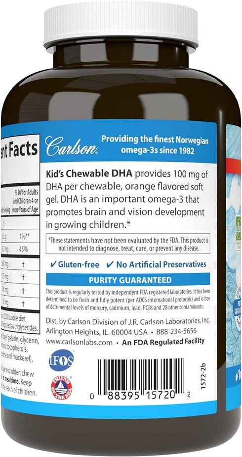 Carlson - Kid's Chewable DHA, 100 mg DHA, Brain Health, Vision Function, Growth & Development, Orange, 180 Chewable Softgels...
