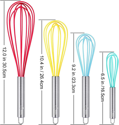 HOTEC 4 Pieces Silcone Whisks Set, Wire Balloon Whisks for cooking Egg Beater, Non-slip Handle Whisk for Non-stick Cookware Perfect for Cooking, S...