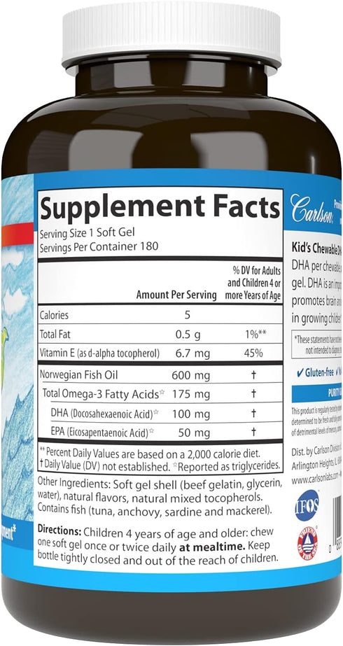 Carlson - Kid's Chewable DHA, 100 mg DHA, Brain Health, Vision Function, Growth & Development, Orange, 180 Chewable Softgels...