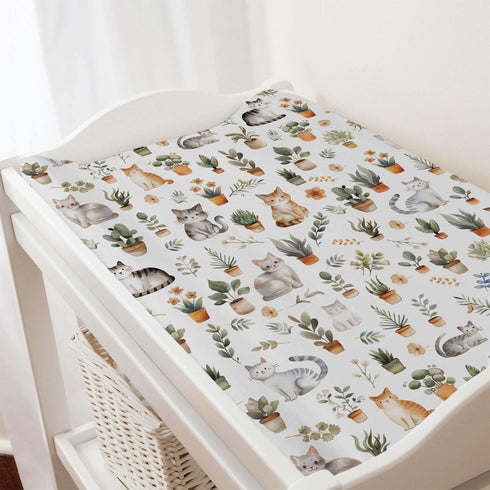 Watercolor Cats Boho Leaves Flowers Changing Pad Covers Cute Cats Tropical Plants Diaper Change Table Pad Sheets for Girl Boy Soft Breathable Stre...