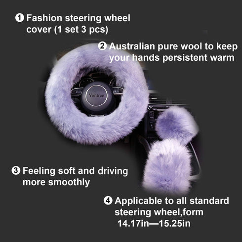 Fashion Fluffy Steering Wheel Covers for Women/Girls/Ladies Australia Pure Wool 15 Inch 1 Set 3 Pcs (Gray)...
