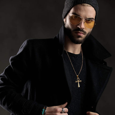 3 Pieces Men's Stainless Steel Ankh Pendant Necklace, Black, Gold, Silver...