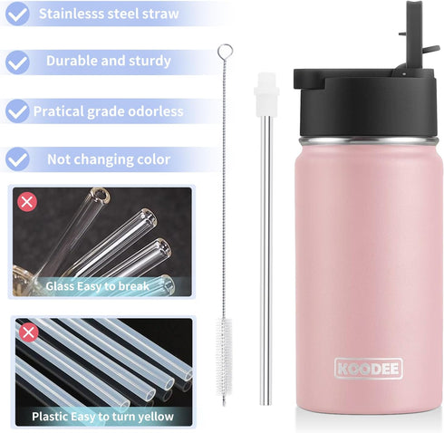 koodee 12 oz Stainless Steel Water Bottle, Double Wall Vacuum Insulated Wide Mouth Flask with Wide Handle Straw Lid (Light Pink)...