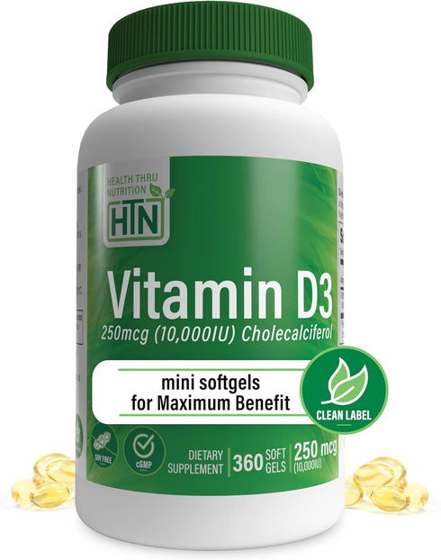 Health Thru Nutrition Vitamin D3 10,000iu 360 Mini Softgels for Maximum Benefit Year Supply | 250mcg Cholecalciferol | 3rd Party Tested | Non-GMO ...
