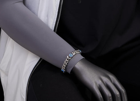 COOLSTEELANDBEYOND Classic Stainless Steel Curb Chain Bracelet with Evil Eye Charms, for Men, Silver Color...