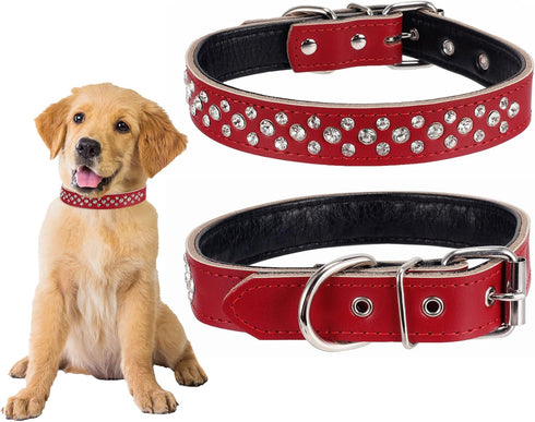 Rhinestones Pet Dog Collars Adjustable Sparkly Crystal Studded Genuine Leather Pet Collar for Small and Medium Dog 1" Wide...