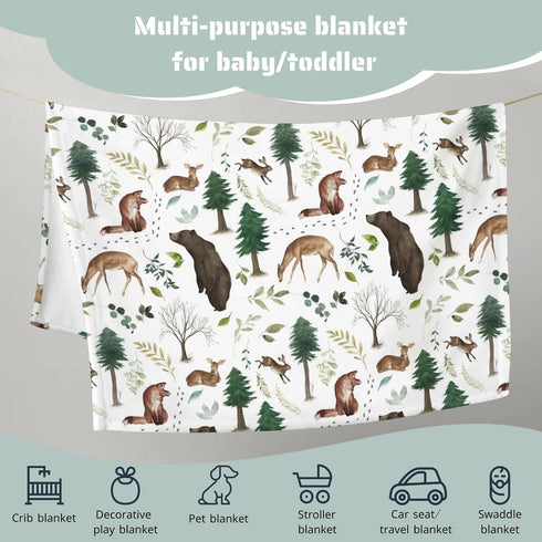 Woodland Forest Animals Baby Blanket Boys Gift, Pine Tree Bear Fox Deer Leaf Flannel Fleece Nursery Bed Swaddling Blankets, Soft Lightweight Newbo...