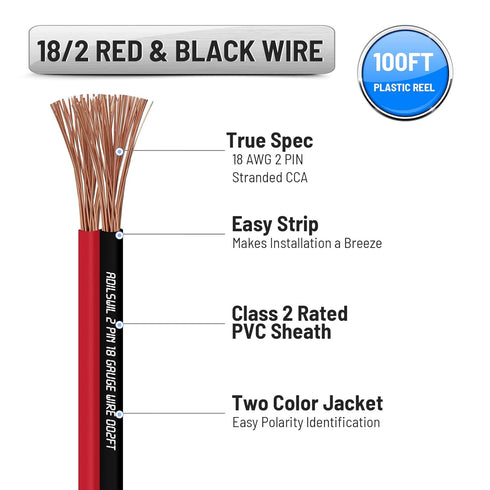 Speaker Wire Cable 18 Gauge 100FT 18/2 AWG CCA Red Black Wire 2 Conductor Bonded Zip Low Voltage Wire DC 12V/24V Stereo Audio Light Car Wire CL2 E...
