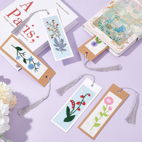 INFUNLY 5 Set Embroidery Bookmark Set Plant Book Marker Cross Stitch Kits DIY Hand Embroidery Bookmark Counted Cross Stitch Kit for Reading Teache...