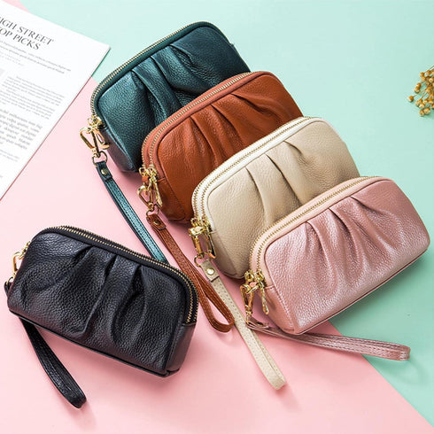 Wristlet Wallets for Women Genuine Leather Wristlet Purses Ladies Ruched Wristlet Clutch Wallet Purses...