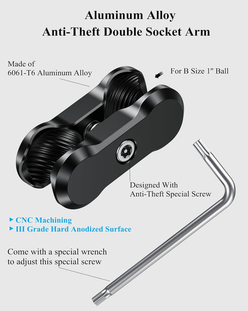 BRCOVAN Aluminum Alloy Anti-Theft Double Socket Arm Compatible with RAM Mounts B Size 1'' Ball Components & Bike Motorcycle Phone Mount Holder wit...
