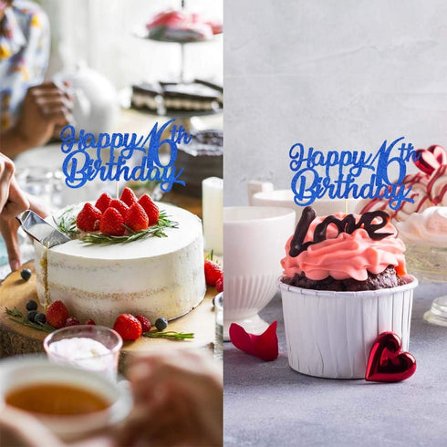 Blue Happy 16th Birthday Cake Topper, Royal Blue Glitter Cheers To 16 Years Party Cake Decorations, Supply...