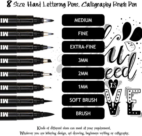 dainayw Calligraphy Brush Pen, Hand Lettering Pens, 8 Size Black Markers Set for Artist Sketch, Technical, Writing, Art Drawing...