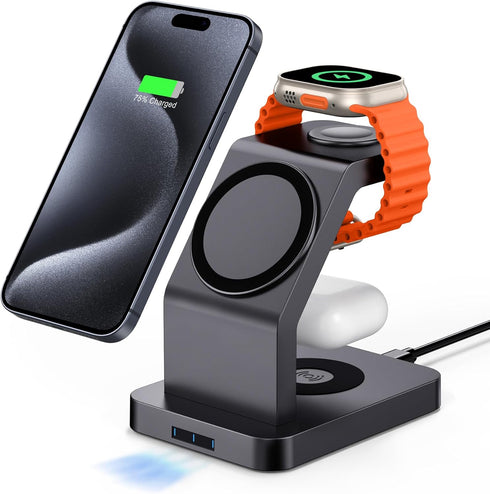 Magnetic Wireless Charger, 3 in 1 Wireless Charging Station Compatible with iPhone 15/14/13/12 Series, Watch Charger Stand for iWatch Ultra 2/9/8/...