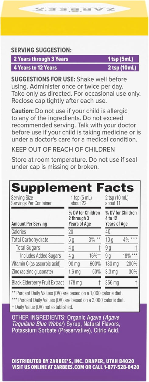 Zarbee's Elderberry Syrup for Kids, Daily Immune Support with Vitamin C & Zinc, Childrens Liquid Supplement, Natural Berry Flavor, 4 fl oz...