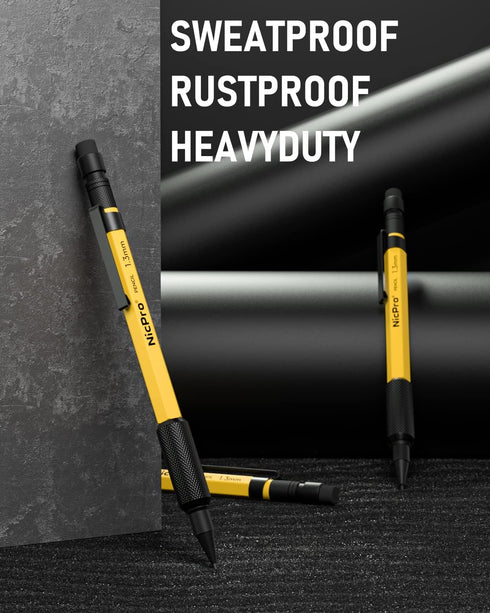 Nicpro 3 PCS 1.3 mm Mechanical Pencil Set with 36 Lead Refill, 3 Eraser - Weatherproof Metal Barrel, Heavy Duty Carpenter Pencil MP2000 for Outdoo...