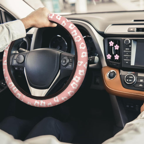 Frienda 10 Pcs Flowers Vintage Groovy Car Accessories Set Floral Steering Wheel Cover Flowers Car Air Vent Clips Center Console Armrest Cushion Ca...