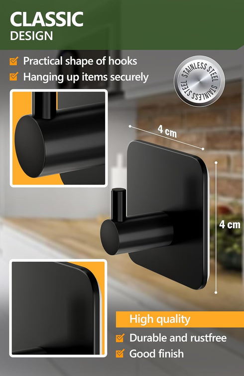 Towel hooks for bathrooms, Set of 6 - Black adhesive hooks, durable adhesive wall hooks - Strong adhesive towel hooks, stick on hooks...