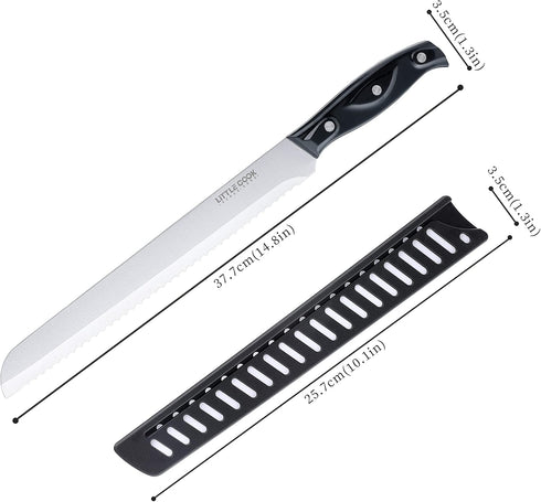 Little Cook Bread Knife with Cover, 10 inch serrated bread knife for homemade bread, German Stainless Steel brisket knife, Bread Cutter Ideal for ...