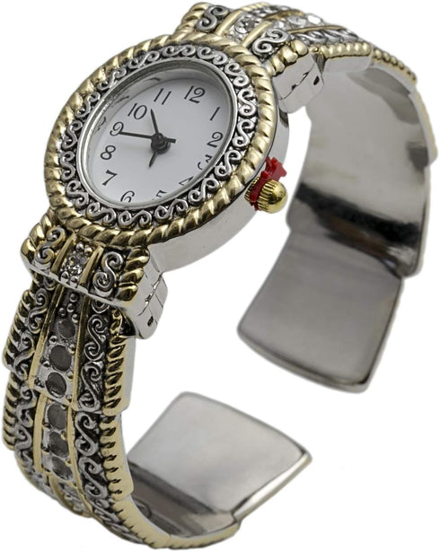 Metal Ladies Western Bangle/Cuff Watch with Simple Rhinestones on Band (Two Tone)...