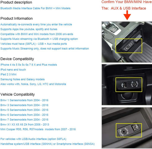 Bluetooth Kit Compatible with BMW and Mini Cooper Android iPhone iPod Integration Music Interface Adaptor for Cars USB AUX Connector...