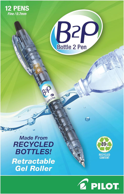 PilotBottle to Pen B2P Retractable Gel Pens, Fine Point, 0.7 mm, 89% Recycled, Translucent Barrel, Black Ink, Pack Of 12...