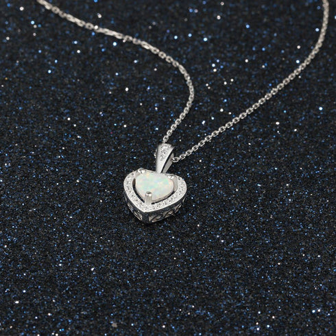 Sterling Silver Heart Shape Created Opal Pendant Necklace (6mm Opal Halo Heart)...
