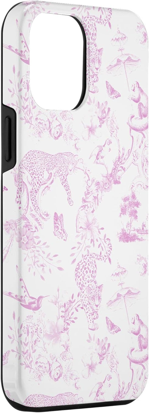 iPhone 15 Pro Max French Pink Toile Chinoiserie with Flowers, Monkey, Leopards Case...