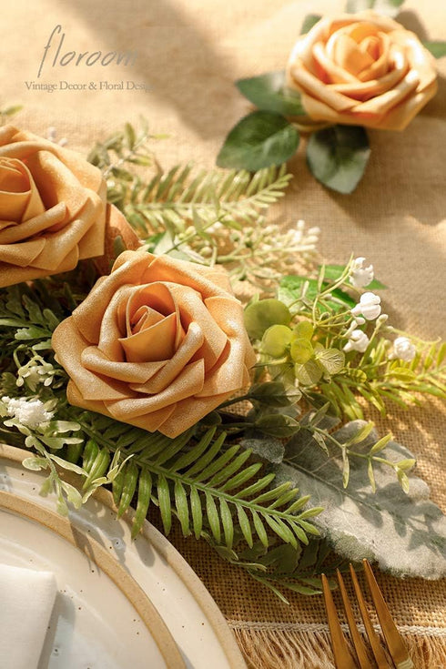 Floroom Artificial Flowers 25pcs Real Looking Gold Foam Fake Roses with Stems for DIY Wedding Bouquets Bridal Shower Centerpieces Party Decoration...