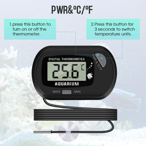LCD Digital Aquarium Thermometer, Fish Tank Thermometer with Water-Resistant Sensor Probe and Suction Cup for Reptile, Turtle Incubators, Terrariu...