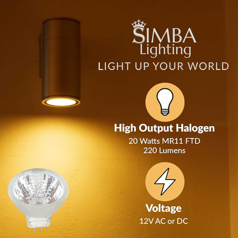 Simba Lighting MR11 Halogen 20W 12V FTD Spotlight Light Bulbs (10 Pack) 2-Pin 220lm for Landscape, Accent, Track Lights, and Fiber Optics, GU4 Bi-...