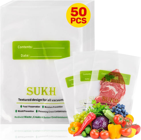 Sukh 50PCS Food Vacuum Bags - Vacuum Seal Bags for Food,Food Sealer Bags,Sealer Bags,Food Saver Vacuum Bags,Food Saver Bag,BPA Free Precut Bags fo...
