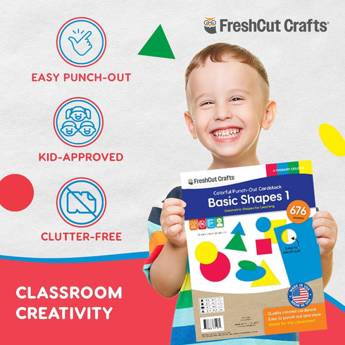 Basic Shapes 1: Circles, Triangles, Squares, Ovals, 676 Pieces US Made Card Stock Punch Out Geometric Shapes in 3 Sizes and 4 PRIMARY Colors for M...
