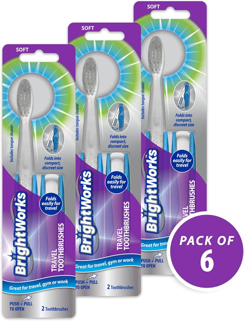 Folding Travel Toothbrush (6 Total, 3 Sets of 2) with Built-in Cover. Portable with Soft Bristles and Tongue Cleaner. for Camping, Hiking, Travel,...