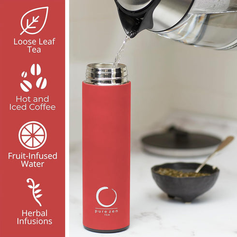Pure Zen Tea Thermos with Infuser for Hot and Cold Infusions - Stainless Steel - Tea Infuser Bottle - Leakproof Travel Mug with Filter - 15oz - Re...