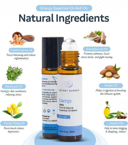 Energy Essential Oil Roll On (10ml) – Frankincense Essential Oil Blends for Aromatherapy, Massage, Energy Boost – Aromatherapy Oils Roller Bottles...