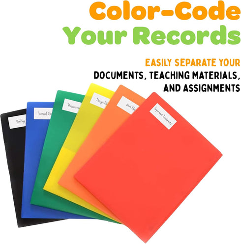 2 Pocket Multicolor Plastic Folders with Prong Fasteners, Black, Red, Green, Blue, Yellow, Orange, 6 Pack Plastic Folders...