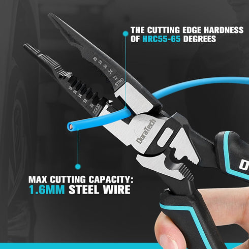 DURATECH 6-in-1 Needle Nose Pliers, 8.5" Multipurpose Long Nose Pliers with Wire Stripper/Crimper/Cutter Function, Heavy Duty Multifunctional Elec...