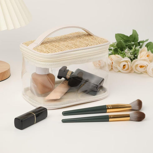 Boho Large Clear PVC Waterproof Makeup Bag with handle, Transparent Zipper Cosmetic Bag for Travel, Beach Bag for Sun screen Skincare (01Large siz...