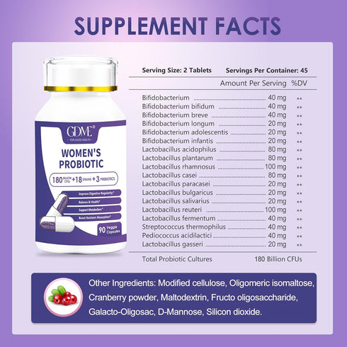 Probiotics 180 Billion CFU 18 Strains Contains Organic Prebiotic Cranberry Probiotic Supplement Digestion Immunity for Women's Health,Non Soy Glut...