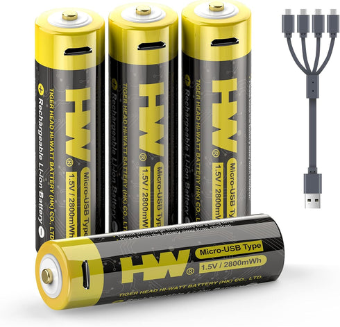 HW USB Rechargeable Lithium AA Batteries 4 Packs, 2800mWh(1860mAh) Li-ion AA Battery Constant Output 1.5V, 2 Hour Fast Charge with USB Cable,1000+...