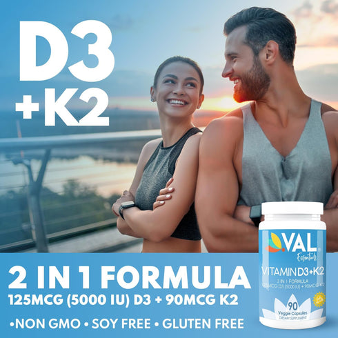VAL Essentials Vitamin K2 + D3 Supplement - High Potency 5000 IU D3 & 90 mcg K2 MK-7, Non-GMO, Easy to Swallow Vitamin D & K Complex, 90 Vegetaria...