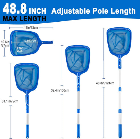 Swimming Pool Skimmer Net, Pool Net with 3 Pole Sections, 10.6" x 48.8" Pool Skimmer Net with Ultra Fine Mesh Net, Telescopic Aluminum Pole, Leaf ...